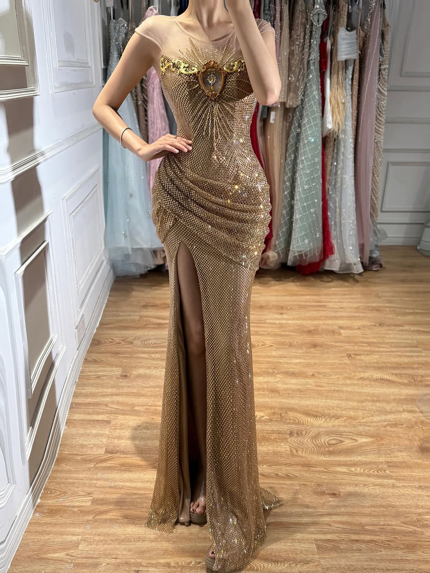 Luxury Saudi Arabic Gold  Beaded High Split Evening Dress LA73436 SERENE HILL