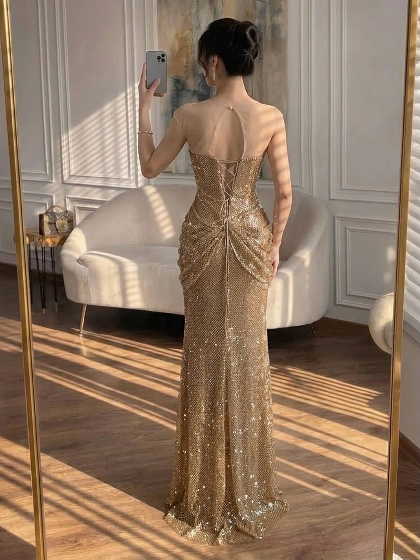 Luxury Saudi Arabic Gold  Beaded High Split Evening Dress LA73436 SERENE HILL