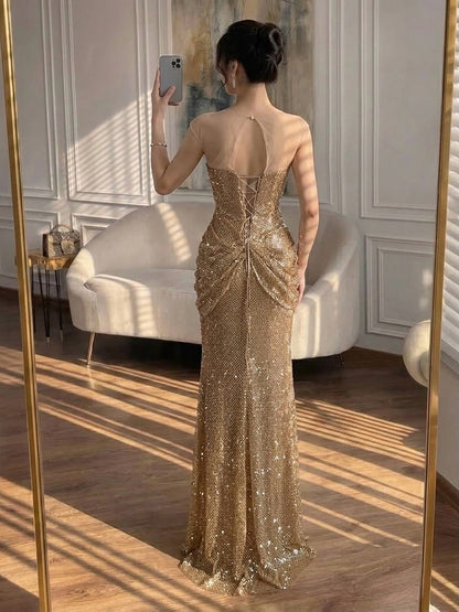 Luxury Saudi Arabic Gold  Beaded High Split Evening Dress LA73436 SERENE HILL