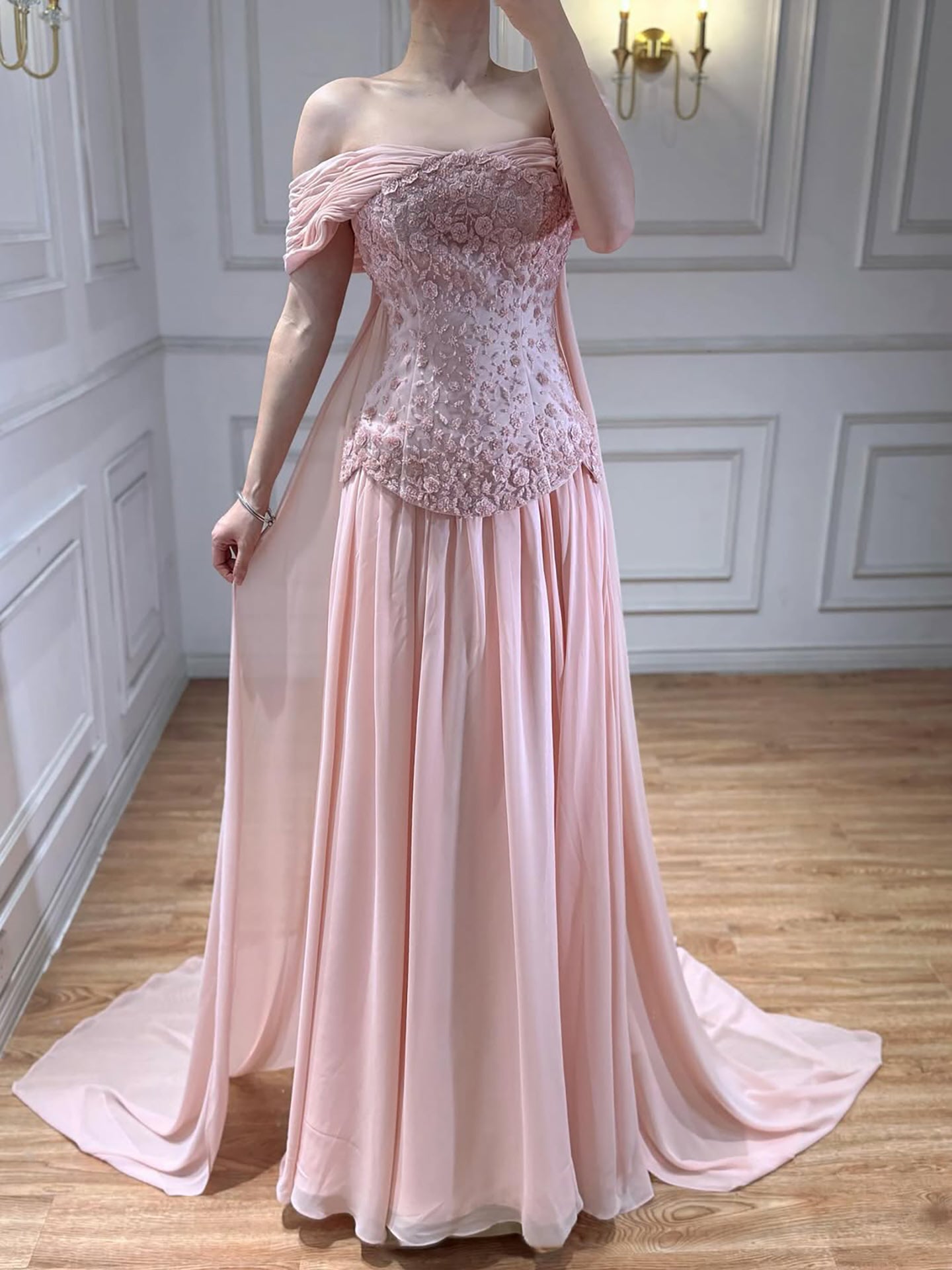 pink beaded formal dress Serene Hill Pink Beaded Off Shoulder Evening Dress LA73413 Pink / 10
