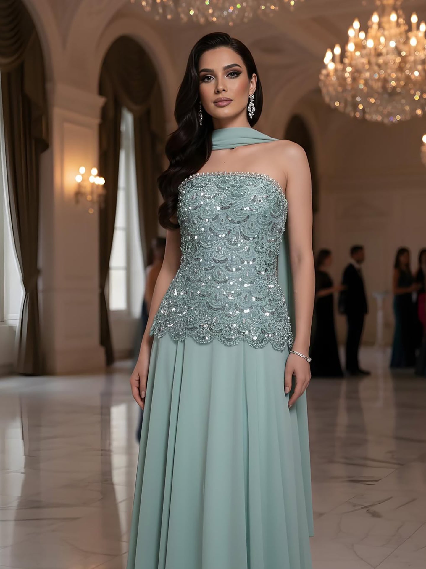 Luxury Sage Green Strapless Beaded A-Line Evening Dress LA73440