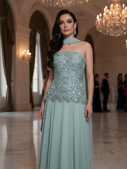Luxury Sage Green Strapless Beaded A-Line Evening Dress LA73440