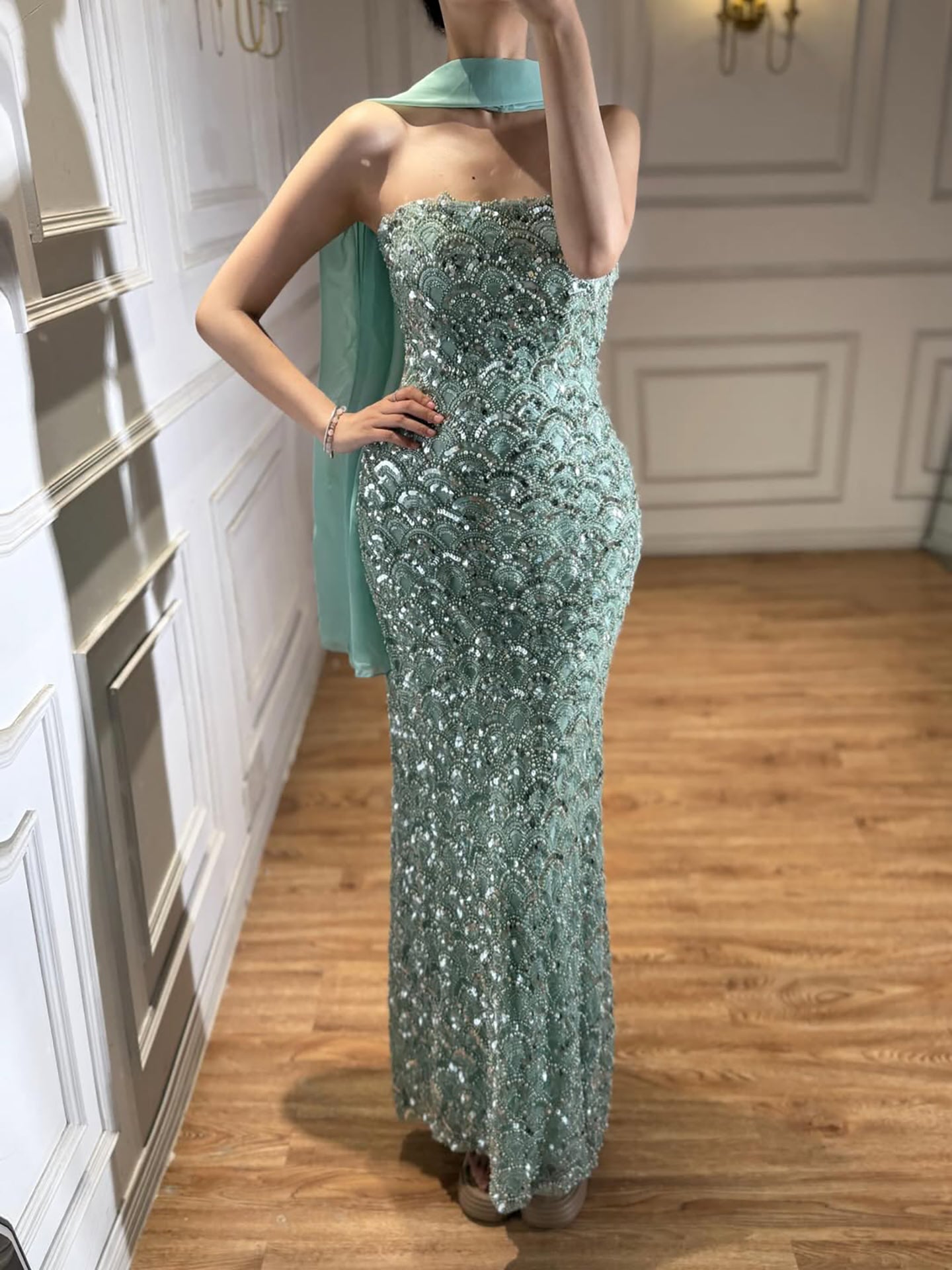 Luxury Sage Green Beaded Strapless Mermaid Evening Dress LA73440A