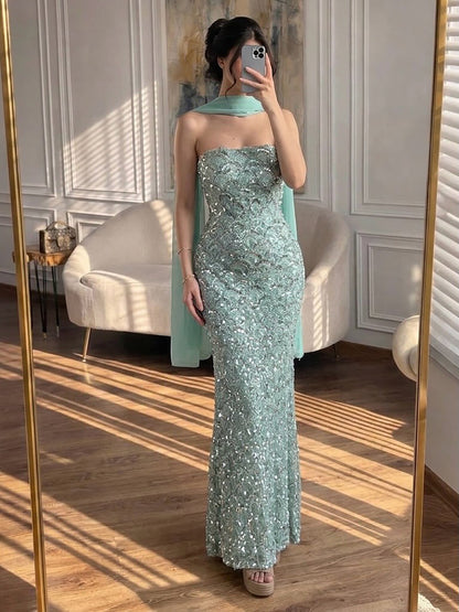 Luxury Sage Green Beaded Strapless Mermaid Evening Dress LA73440A