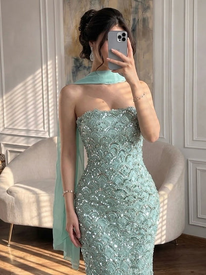 Luxury Sage Green Beaded Strapless Mermaid Evening Dress LA73440A