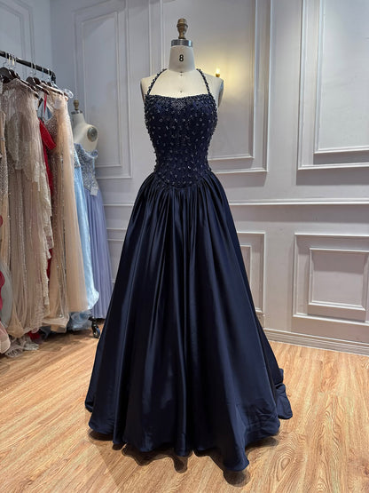Luxury Gold Diamond Halter Evening Dress Ball Gown LA73441