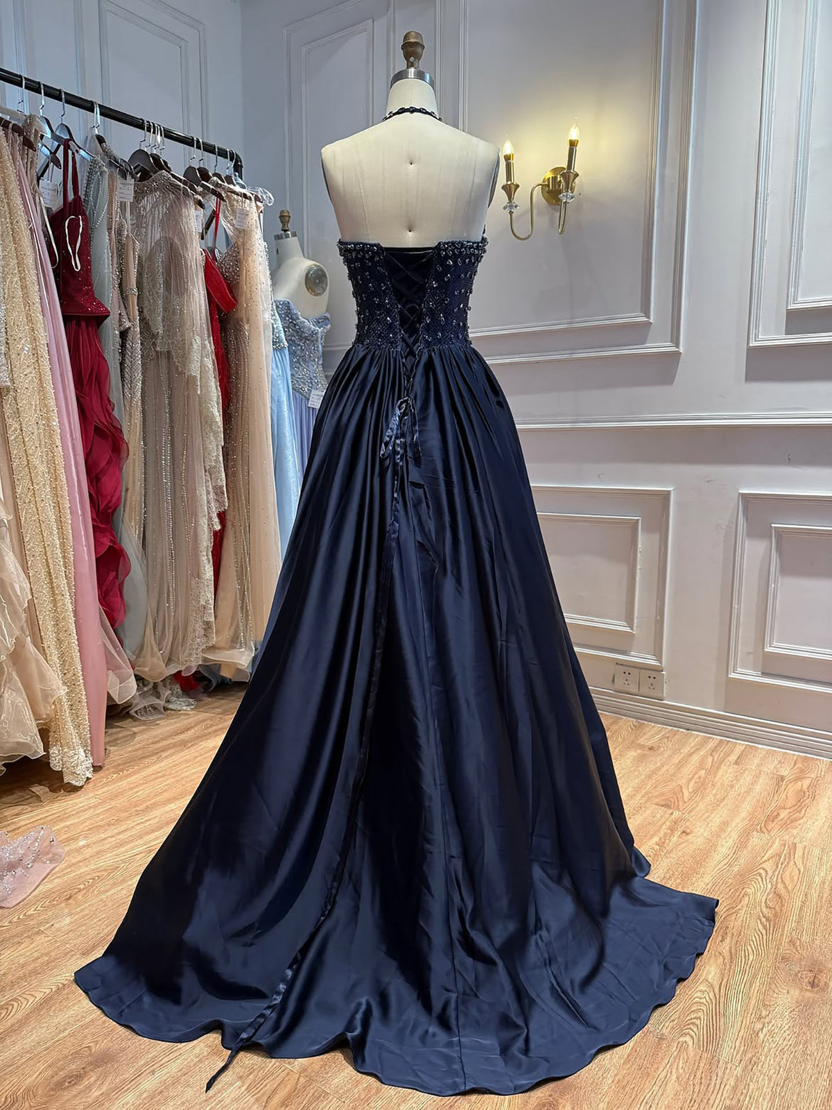 Luxury Gold Diamond Halter Evening Dress Ball Gown LA73441