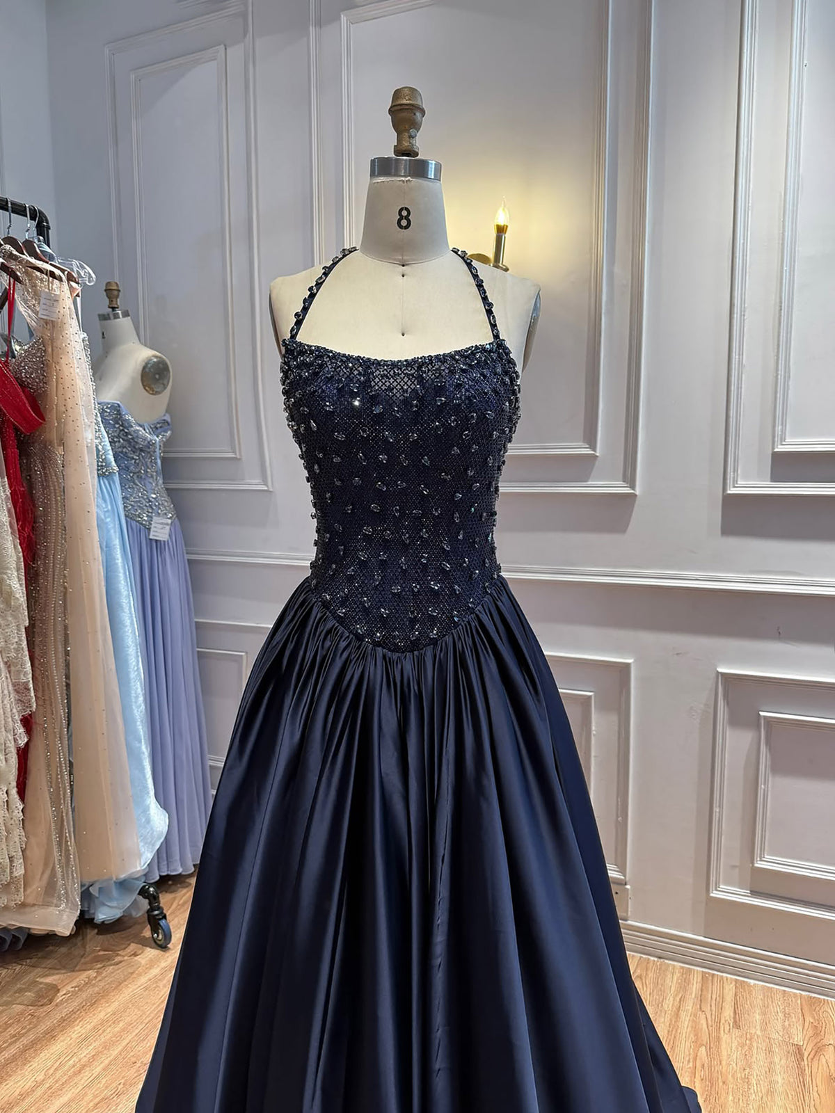 Luxury Gold Diamond Halter Evening Dress Ball Gown LA73441