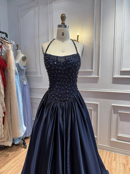 Luxury Gold Diamond Halter Evening Dress Ball Gown LA73441