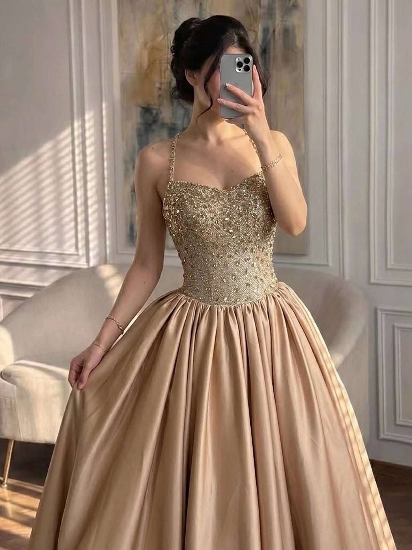 Luxury Gold Diamond Halter Evening Dress Ball Gown LA73441 SERENE HILL