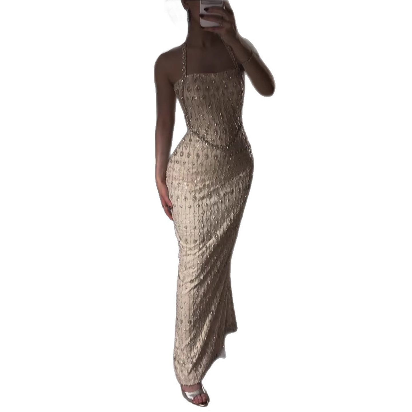 Luxury Nude Halter Neck Elegant Beaded Mermaid Evening Dress LA73442