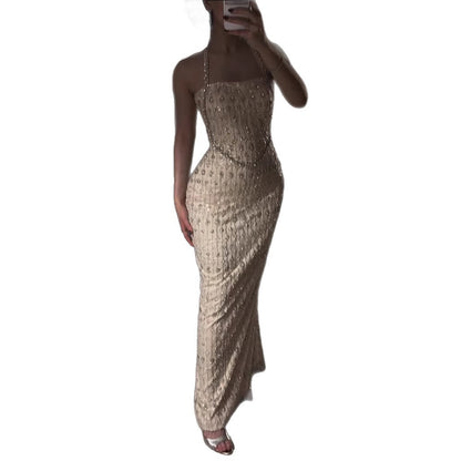 Luxury Nude Halter Neck Elegant Beaded Mermaid Evening Dress LA73442