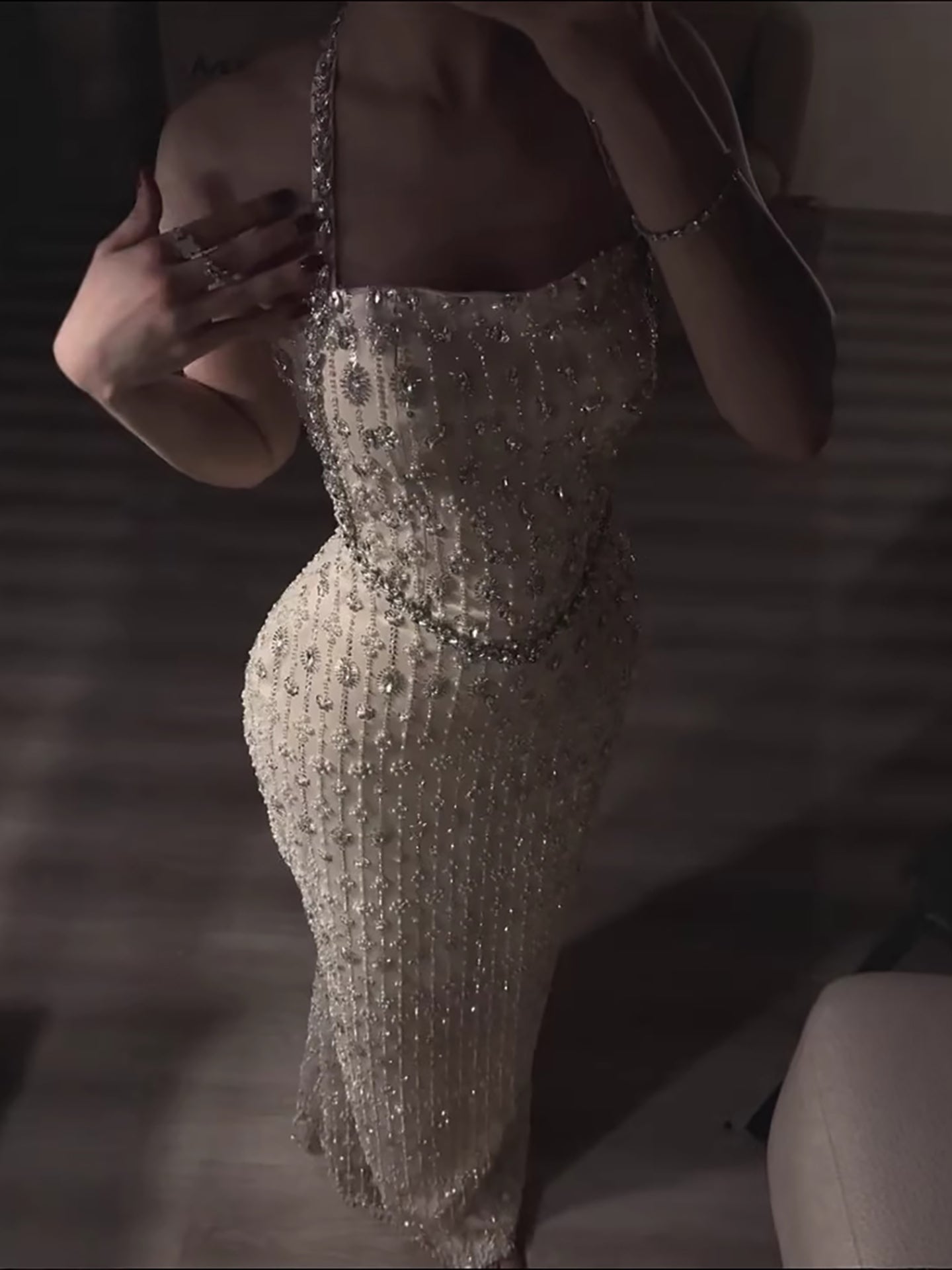 Luxury Nude Halter Neck Elegant Beaded Mermaid Evening Dress LA73442
