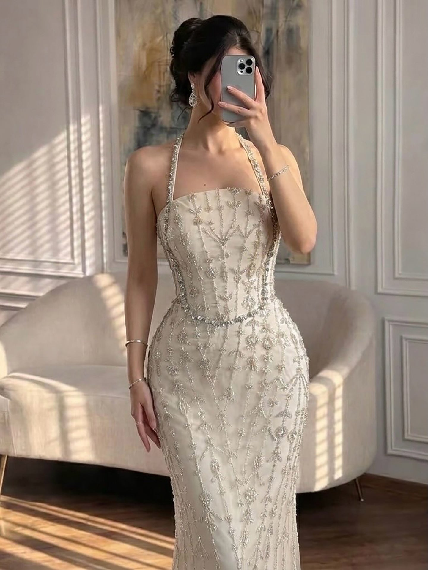 Luxury Nude Halter Neck Elegant Beaded Mermaid Evening Dress LA73442 SERENE HILL