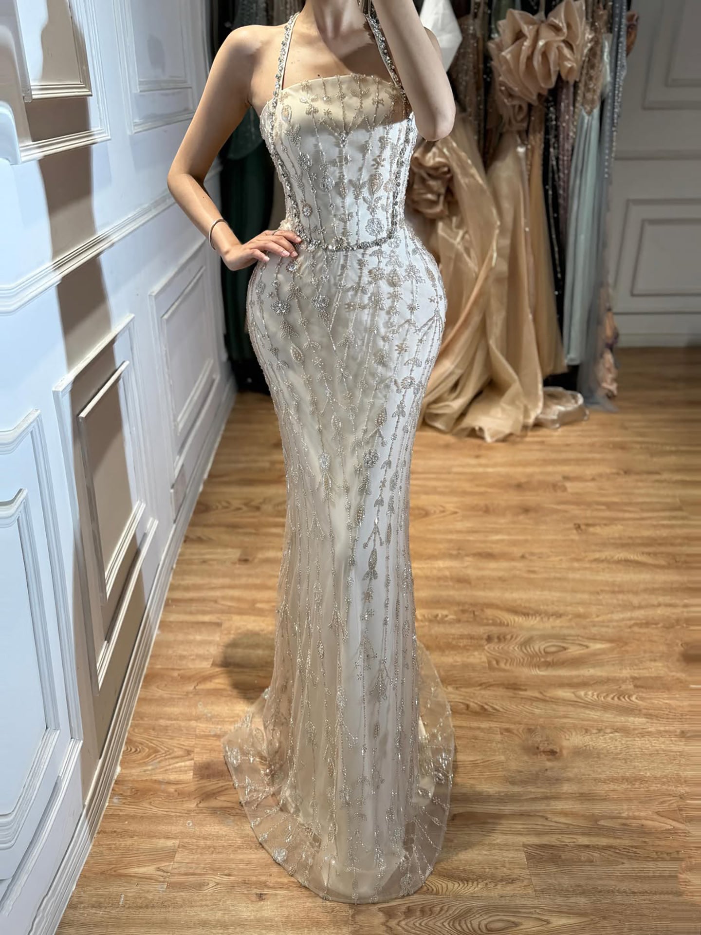 Luxury Nude Halter Neck Elegant Beaded Mermaid Evening Dress LA73442 SERENE HILL