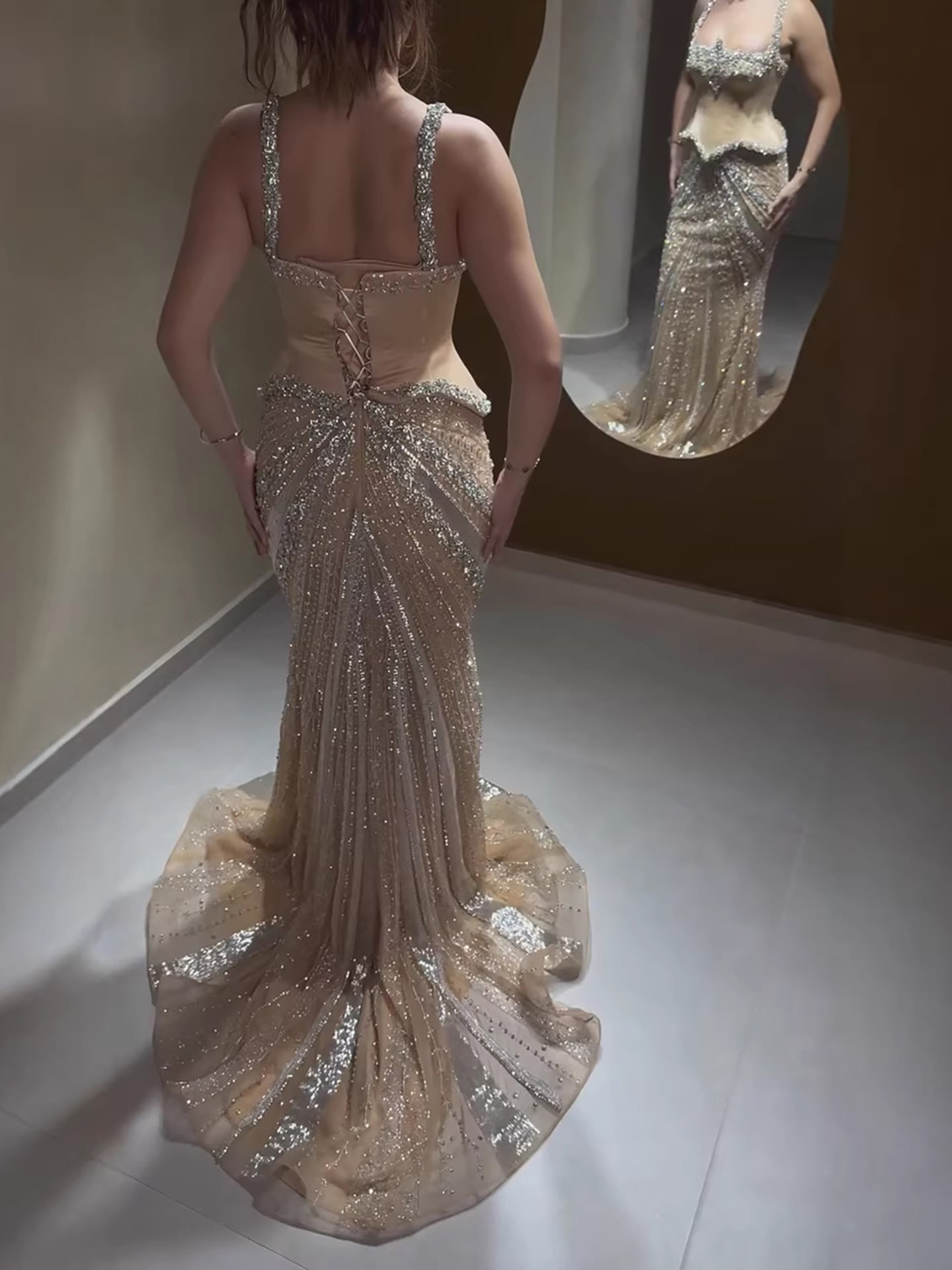 Luxury Nude Diamond Corset Shiny Mermaid Evening Dress LA73443 Nude / 12