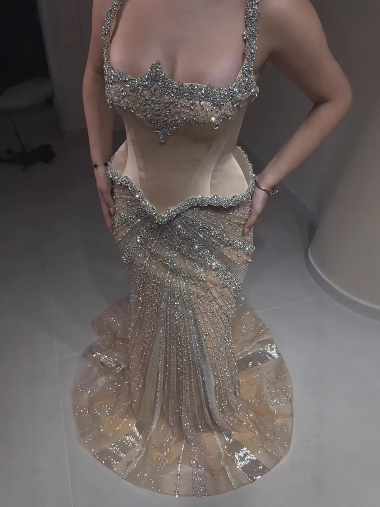 Luxury Nude Spaghetti Strap Diamond Corset Shiny Mermaid Evening Dress LA73443