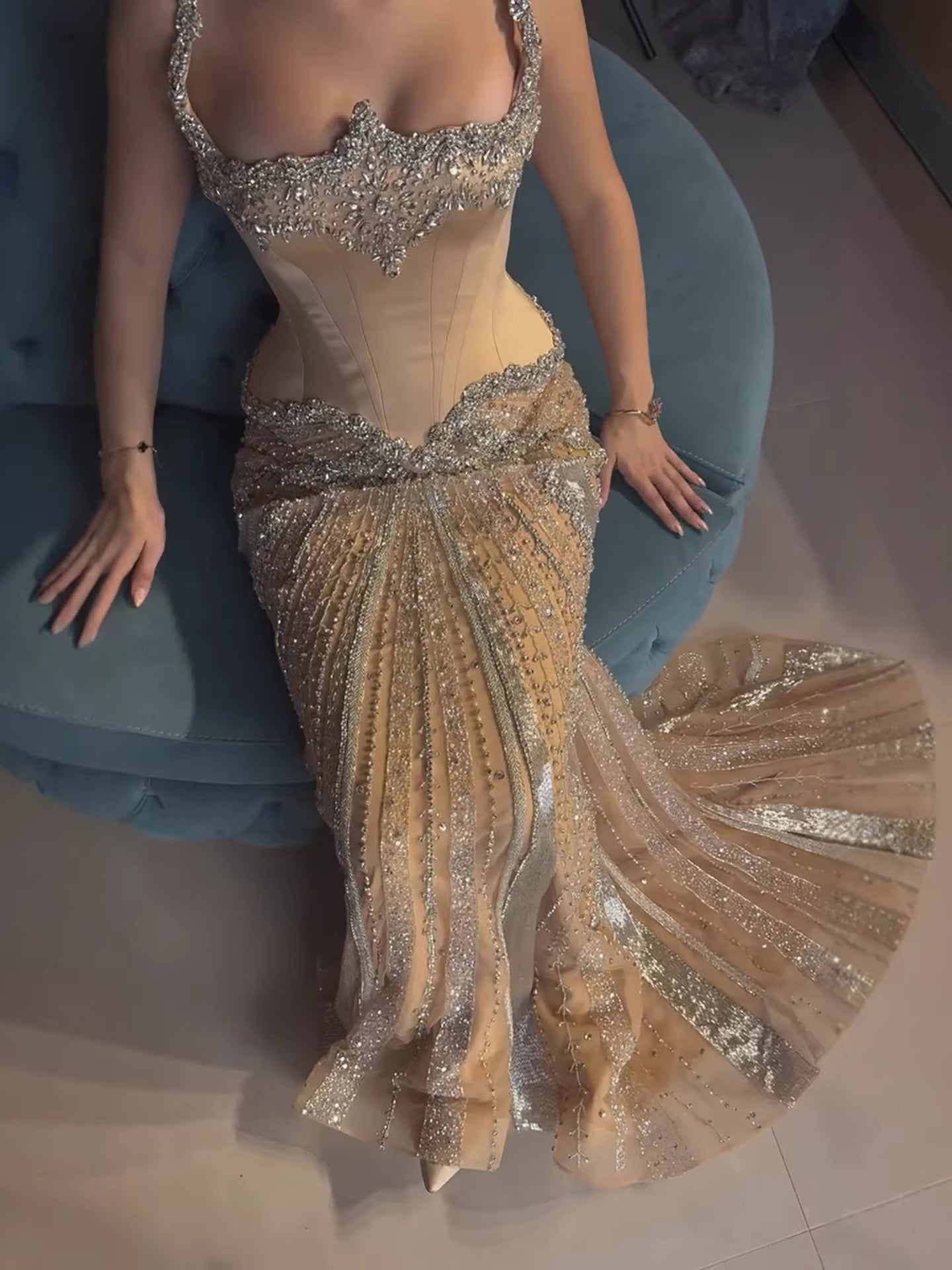 Luxury Nude Spaghetti Strap Diamond Corset Shiny Mermaid Evening Dress LA73443