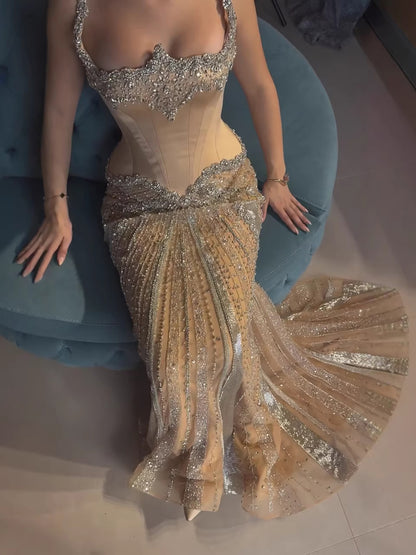 Luxury Nude Spaghetti Strap Diamond Corset Shiny Mermaid Evening Dress LA73443