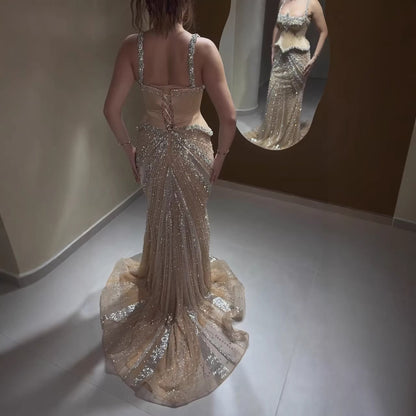 Luxury Nude Spaghetti Strap Diamond Corset Shiny Mermaid Evening Dress LA73443