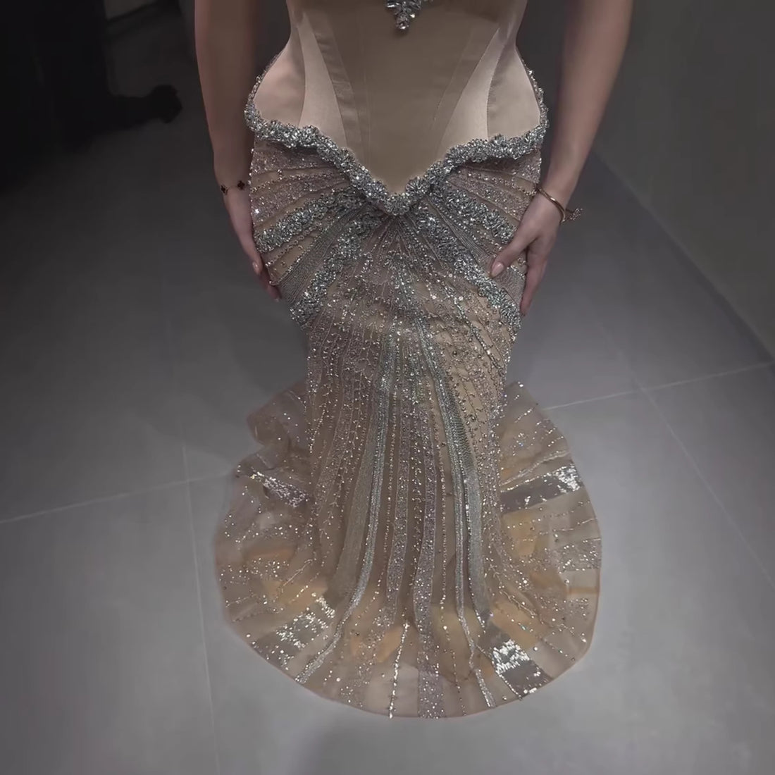 Luxury Nude Spaghetti Strap Diamond Corset Shiny Mermaid Evening Dress LA73443