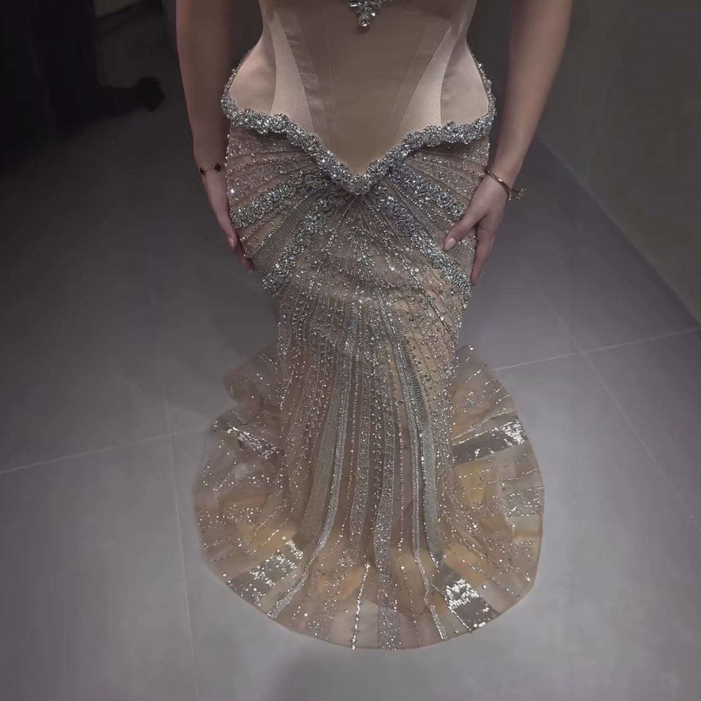 Luxury Nude Spaghetti Strap Diamond Corset Shiny Mermaid Evening Dress LA73443