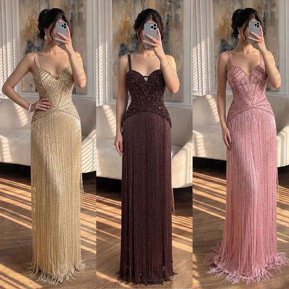 Luxury Arabic Gold Mermaid Beaded Tassel Evening Dress LA73446 SERENE HILL