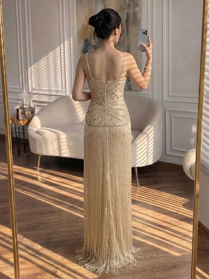 Luxury Arabic Gold Mermaid Beaded Tassel Evening Dress LA73446 SERENE HILL