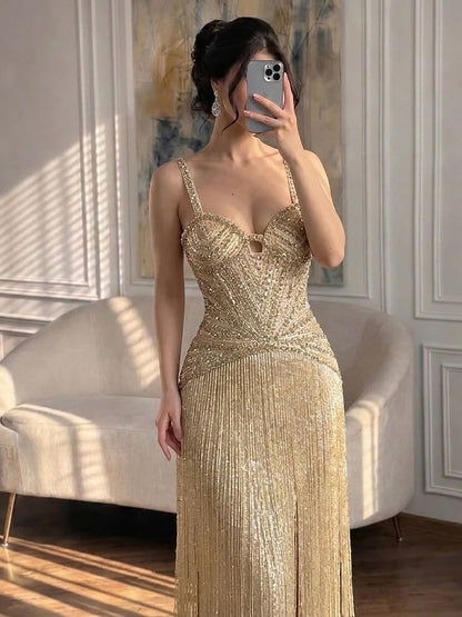 Luxury Arabic Gold Mermaid Beaded Tassel Evening Dress LA73446 SERENE HILL