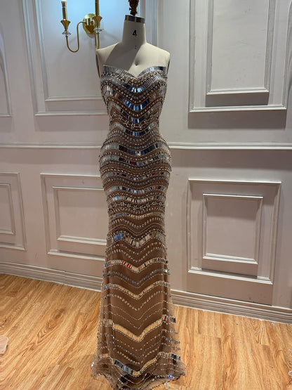 Luxury Silver Nude Beaded Mermaid Evening Dress LA73449 SERENE HILL