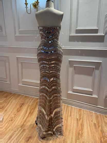 Luxury Silver Nude Beaded Mermaid Evening Dress LA73449 SERENE HILL