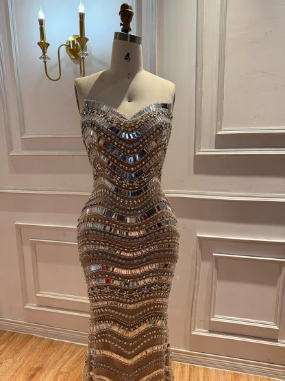 Luxury Silver Nude Beaded Mermaid Evening Dress LA73449 SERENE HILL