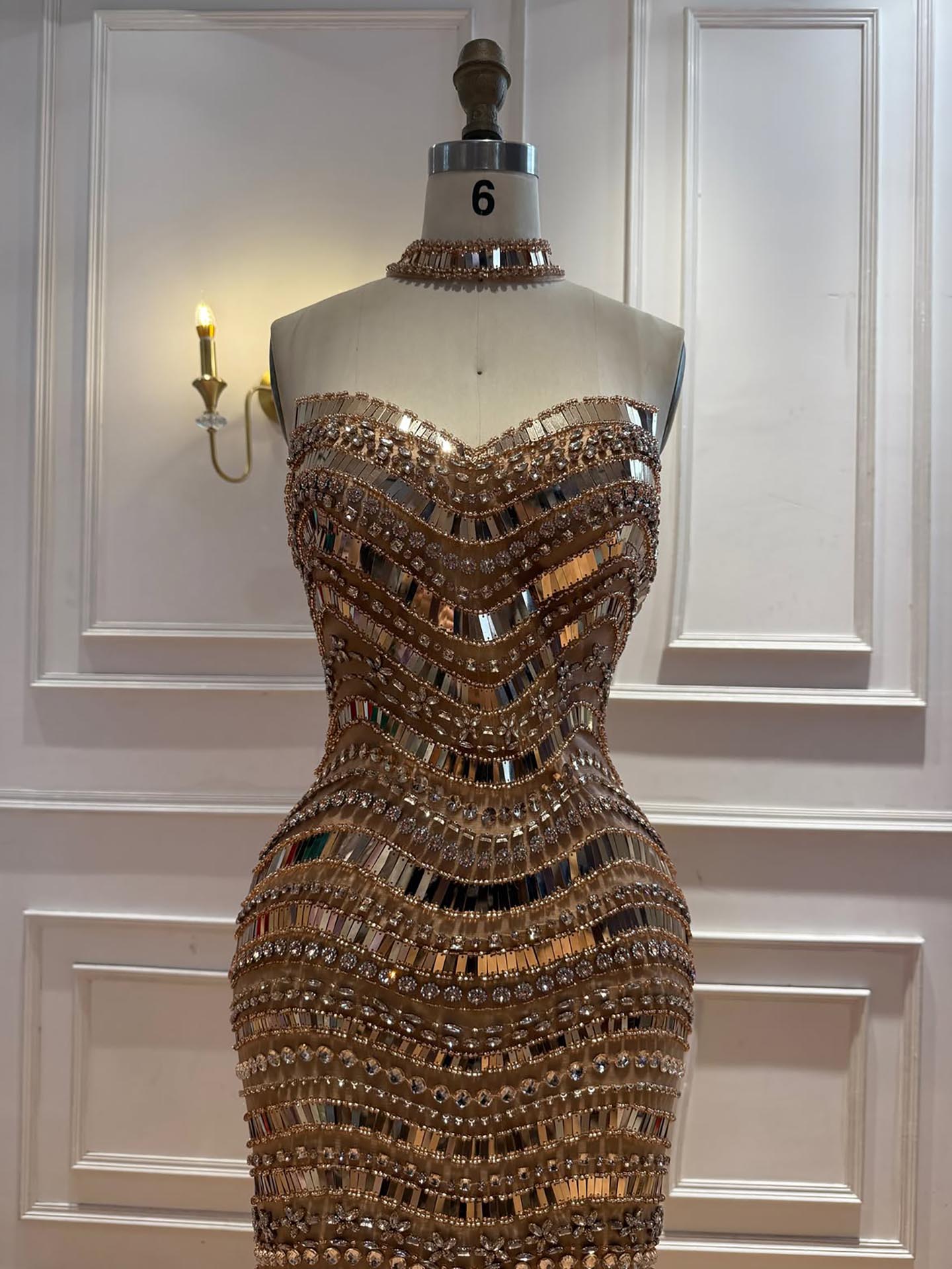 Luxury Silver Nude Beaded Mermaid Evening Dress LA73449