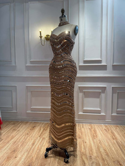 Luxury Silver Nude Beaded Mermaid Evening Dress LA73449