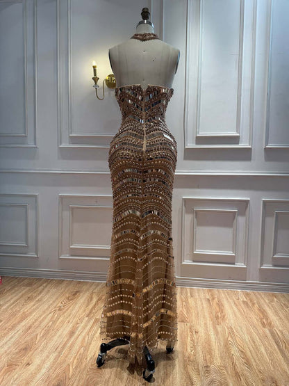 Luxury Silver Nude Beaded Mermaid Evening Dress LA73449