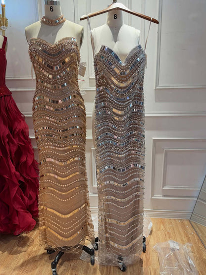 Luxury Silver Nude Beaded Mermaid Evening Dress LA73449