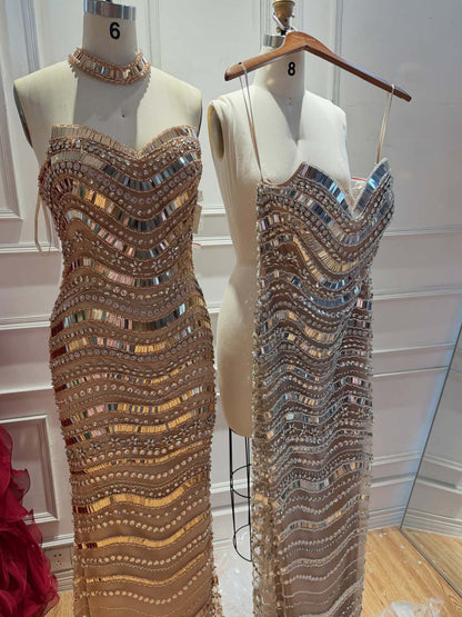 Luxury Silver Nude Beaded Mermaid Evening Dress LA73449