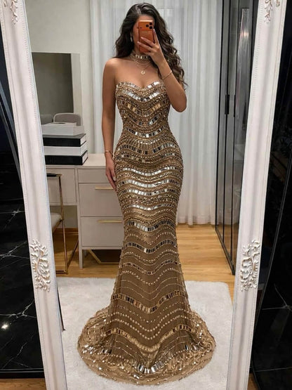 Luxury Silver Nude Beaded Mermaid Evening Dress LA73449