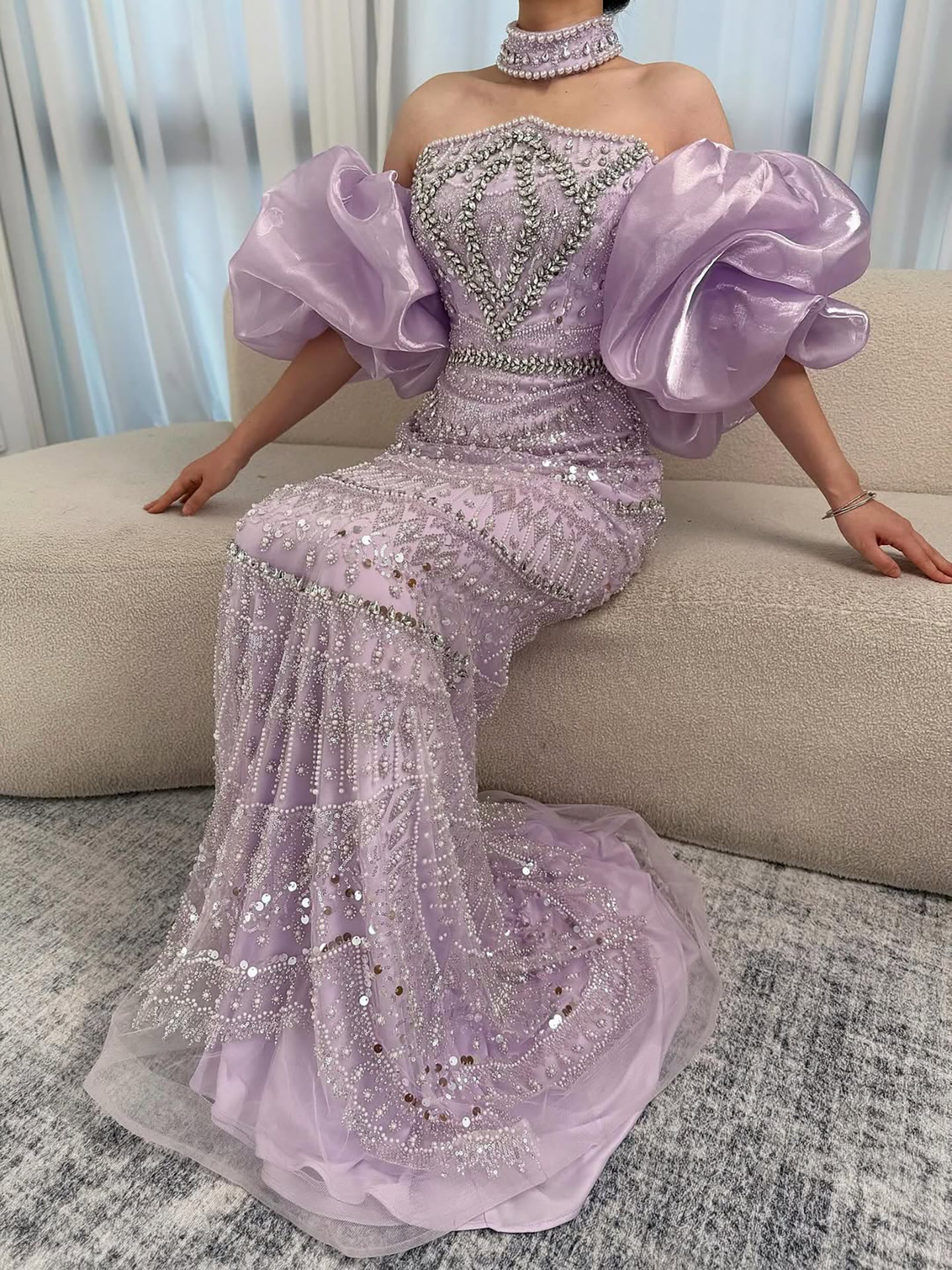 Luxury Arabic Lilac Mermaid Beaded Evening Dress LA73450 - SERENE  HILL