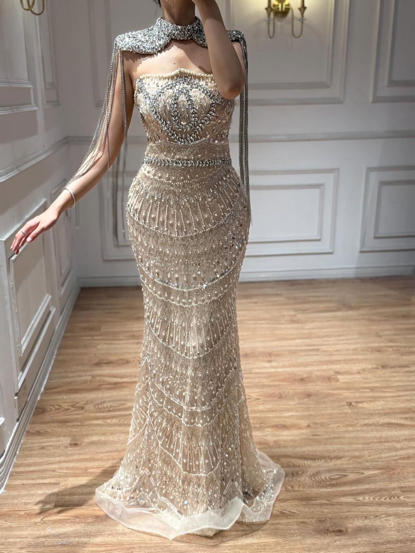 Luxury Nude Crystal Beaded Mermaid Evening Dress With Cape Tassel LA73450A