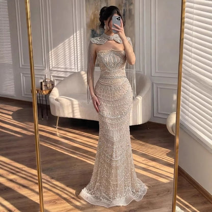 Luxury Nude Crystal Beaded Mermaid Evening Dress With Cape Tassel LA73450A