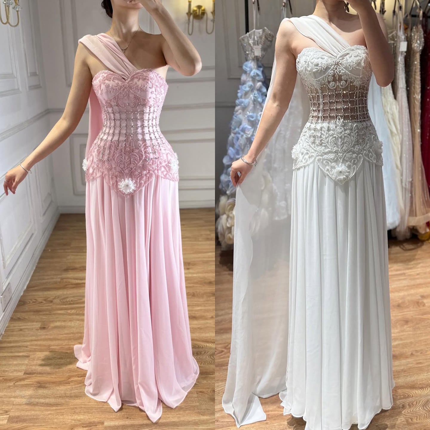 Luxury Pink Arabic Floral chiffon Evening Dress With Cape LA73451