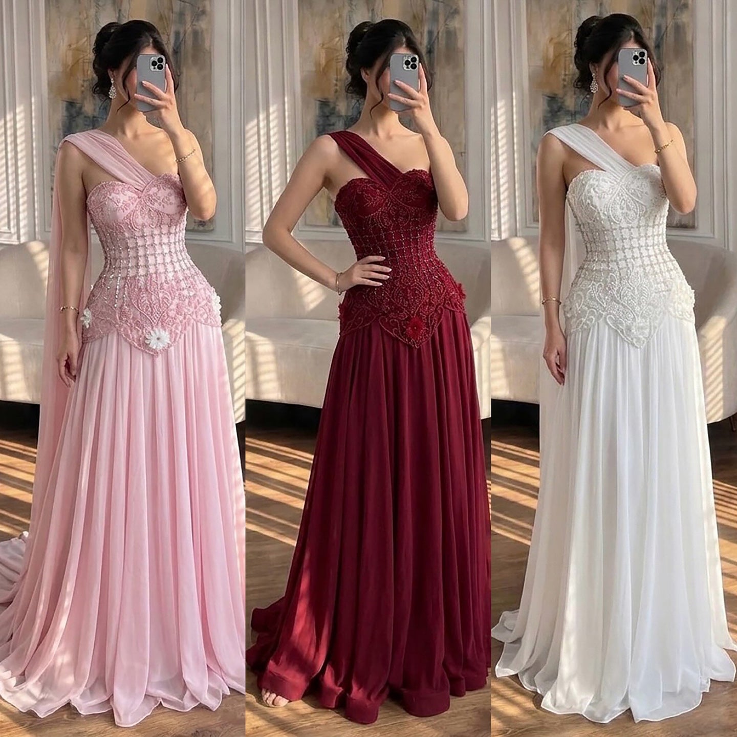 Luxury Pink Arabic Floral chiffon Evening Dress With Cape LA73451 SERENE HILL