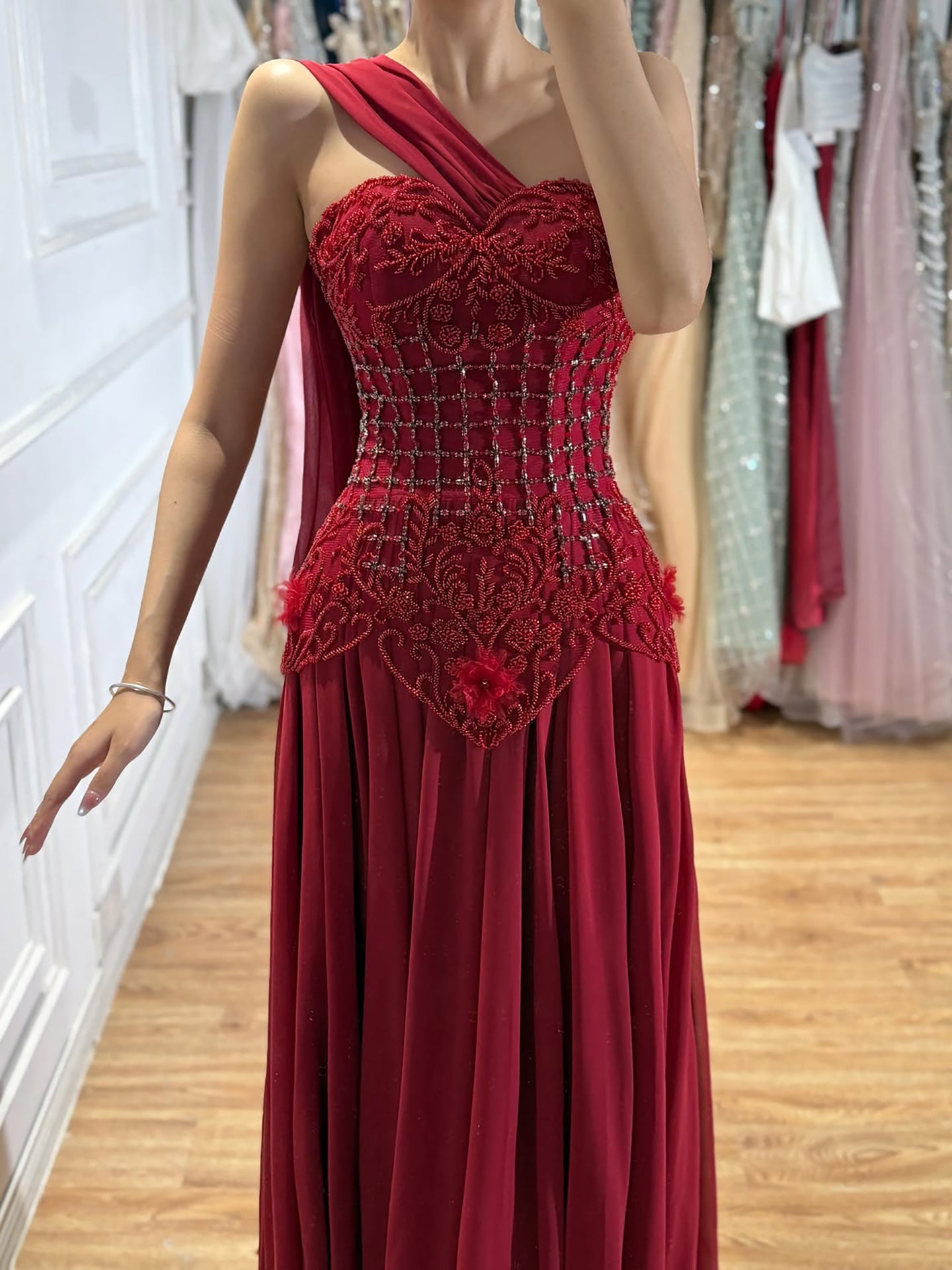 Luxury Pink Arabic Floral chiffon Evening Dress With Cape LA73451 SERENE HILL