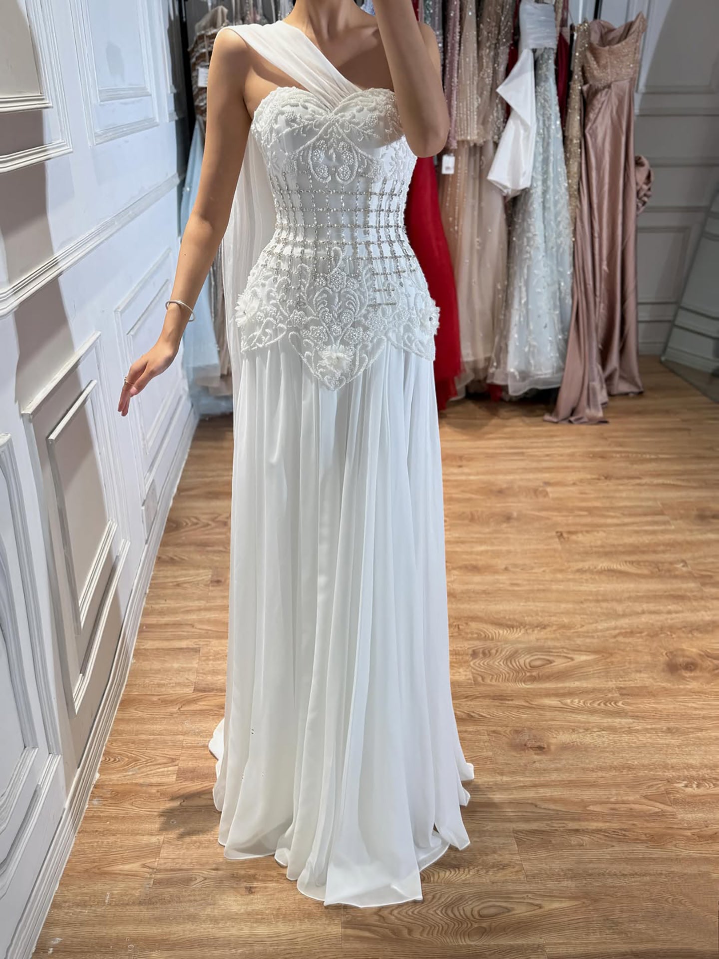 Luxury Pink Arabic Floral chiffon Evening Dress With Cape LA73451 SERENE HILL
