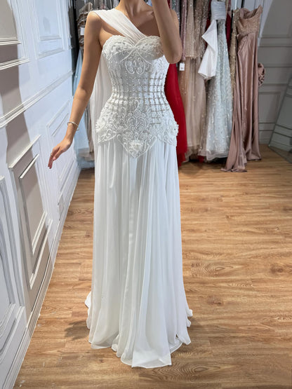 Luxury Pink Arabic Floral chiffon Evening Dress With Cape LA73451 SERENE HILL