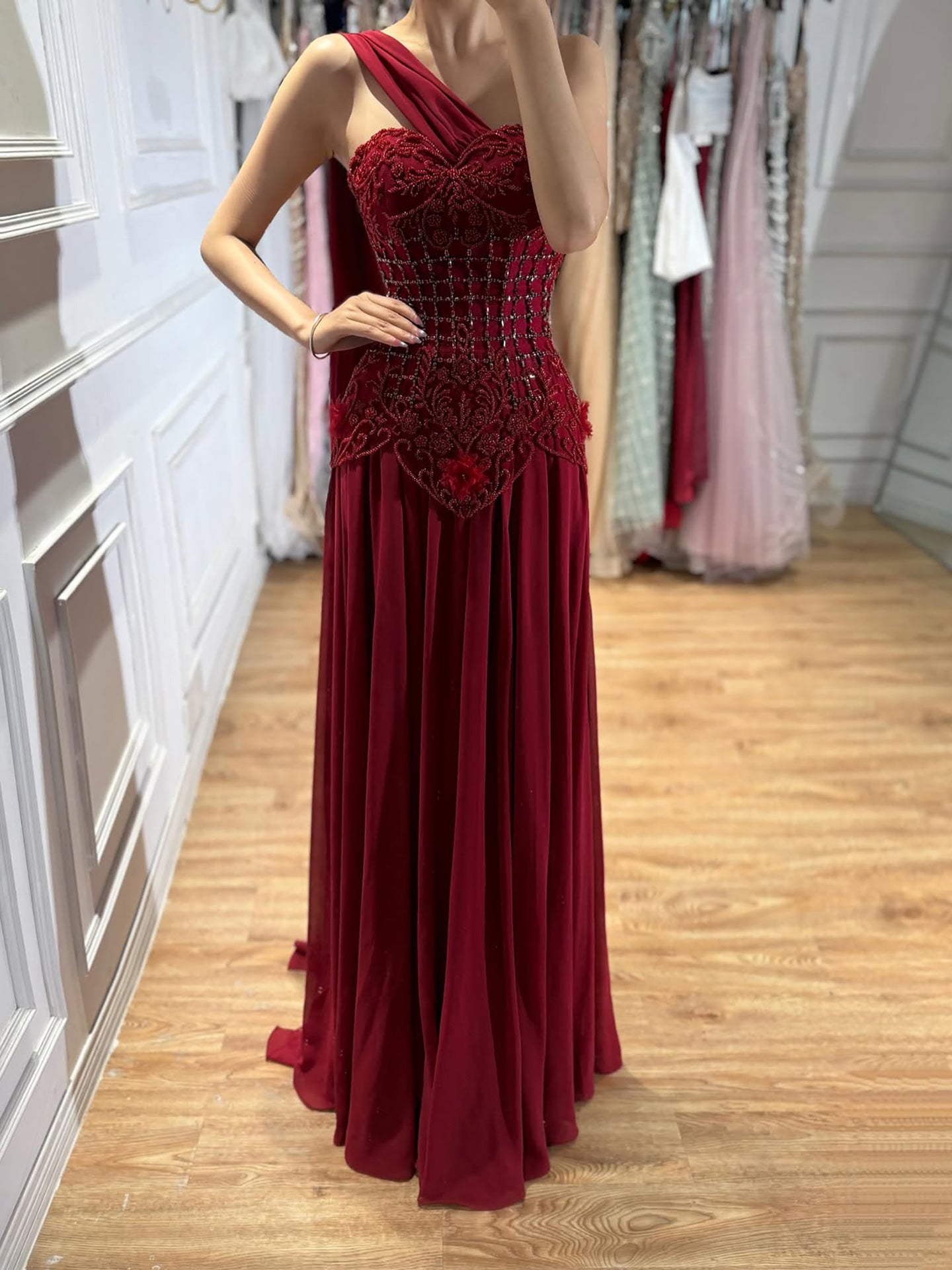 Luxury Pink Arabic Floral chiffon Evening Dress With Cape LA73451 SERENE HILL
