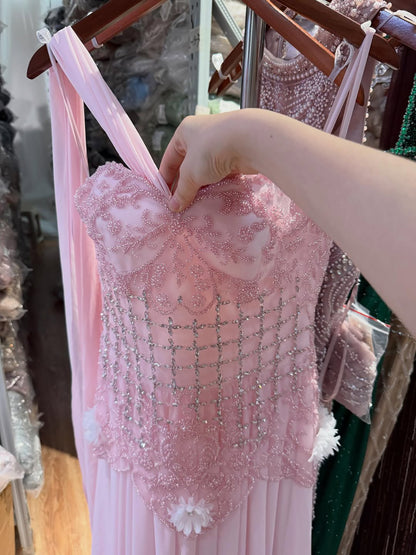 Luxury Pink Arabic Floral chiffon Evening Dress With Cape LA73451