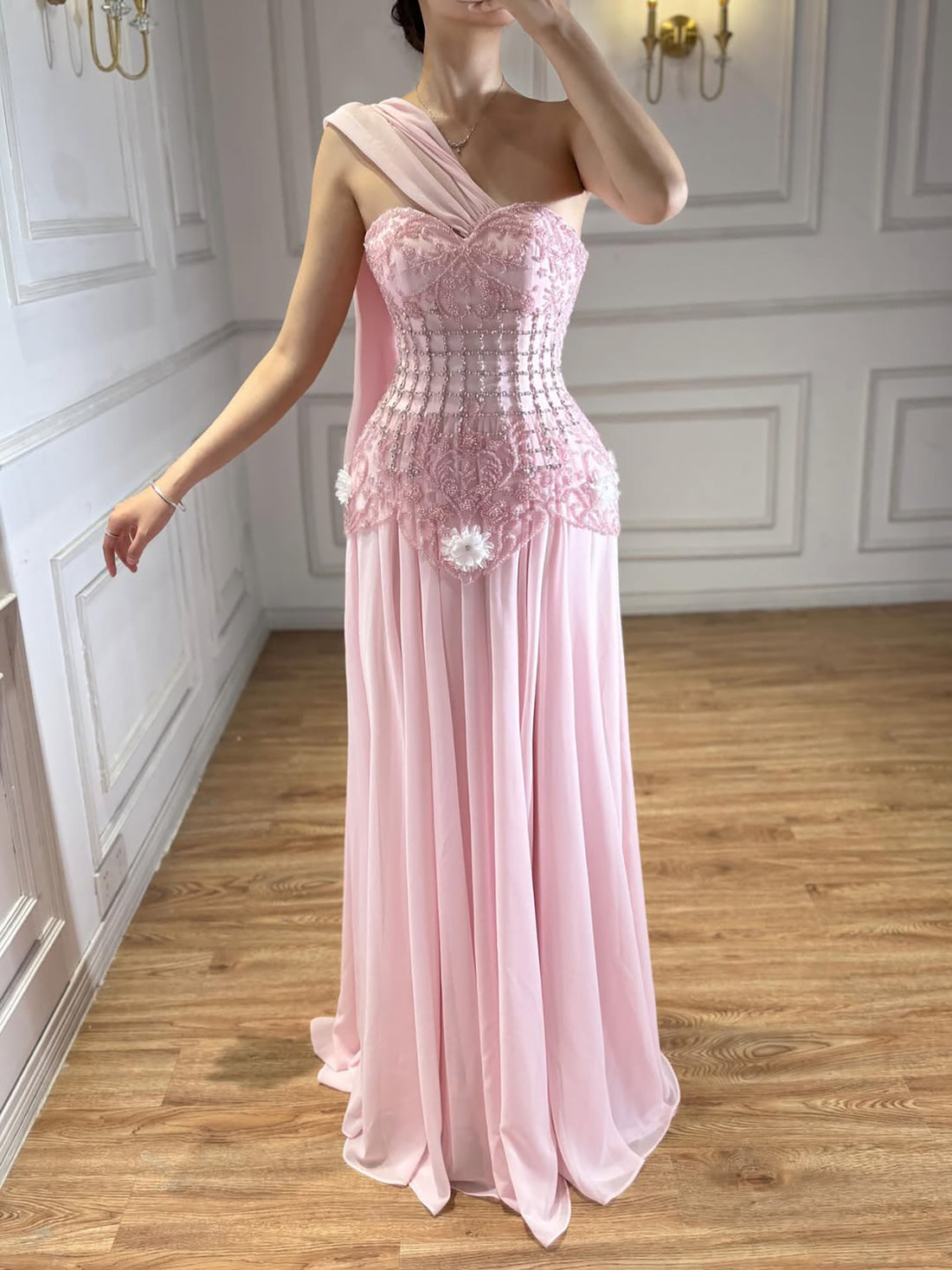 Luxury Pink Arabic Floral chiffon Evening Dress With Cape LA73451