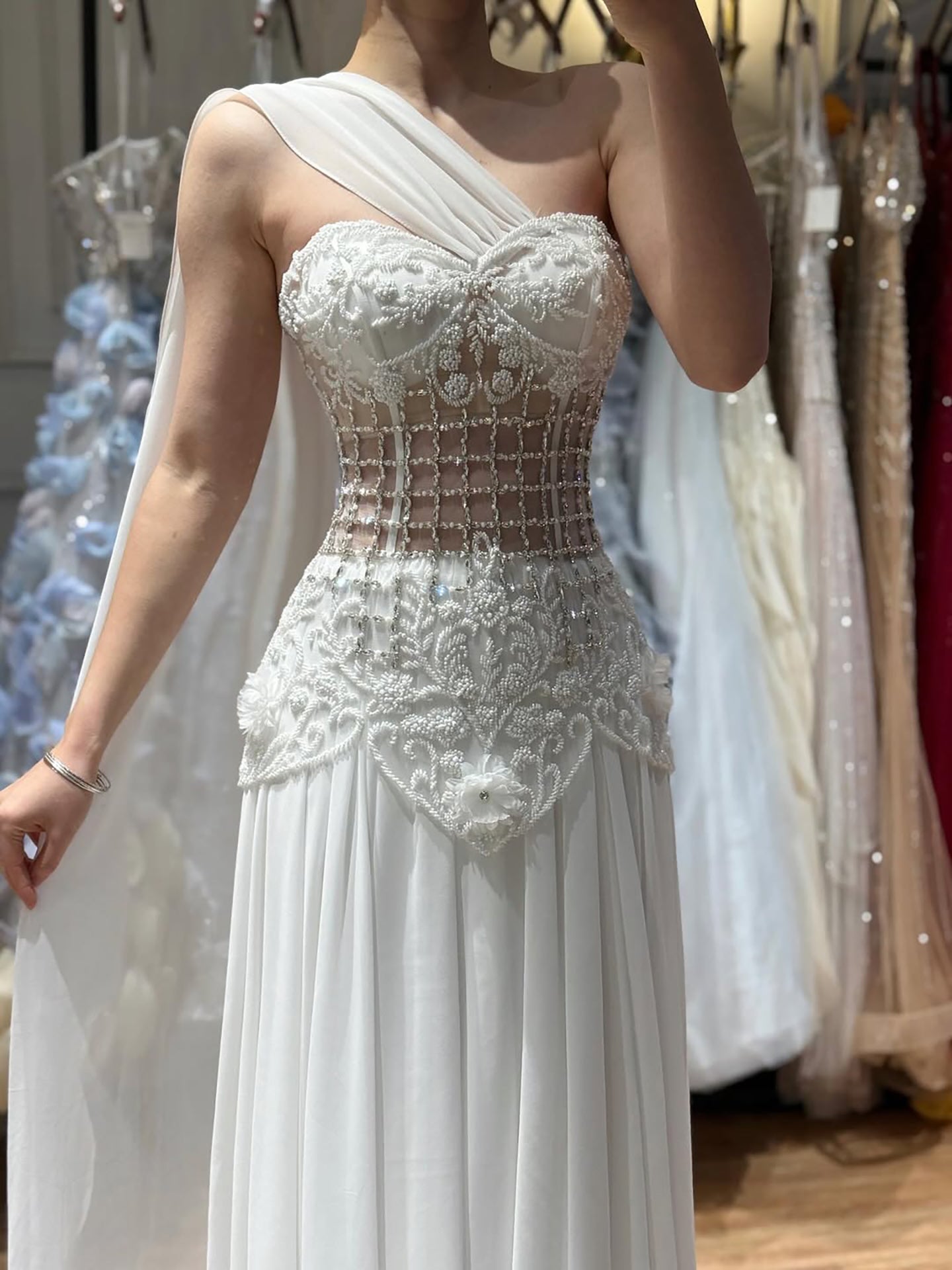 Luxury Pink Arabic Floral chiffon Evening Dress With Cape LA73451 - SERENE  HILL